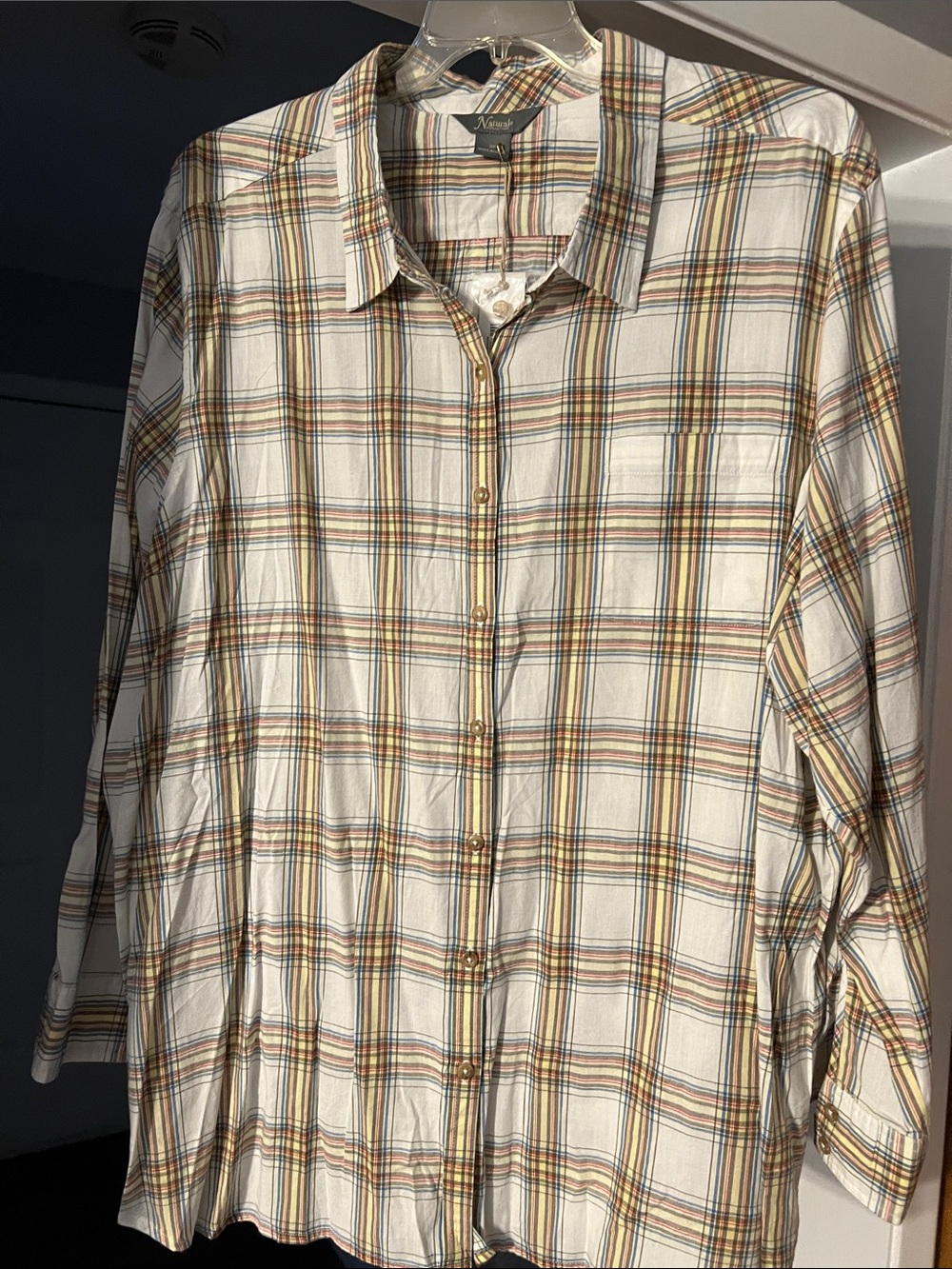 NWT Women’s Plaid Button-Down Shirt, Cream with Brown, Blue, Red & Yellow Stripe